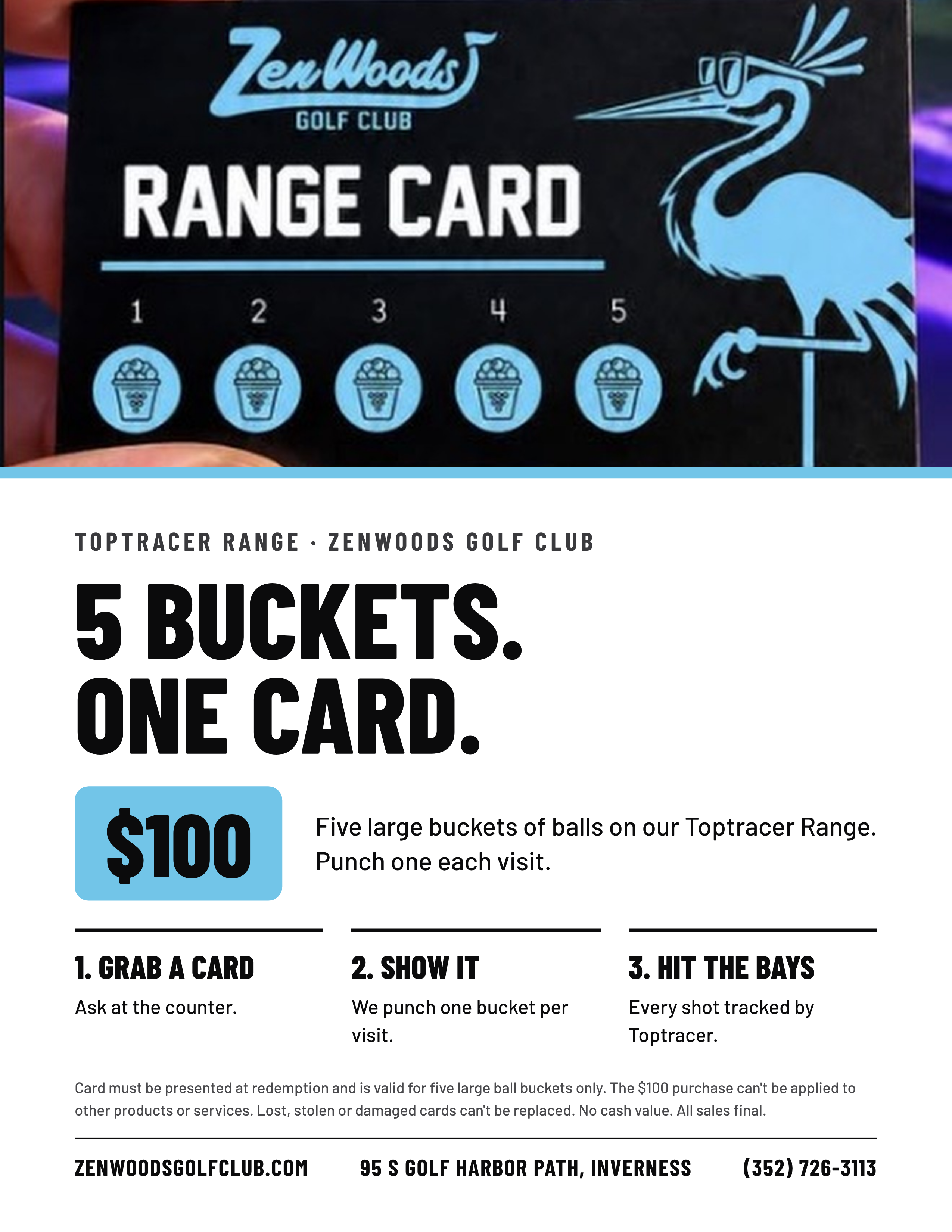 Range Card photo showing the black and blue ZenWoods card with five numbered bucket punches