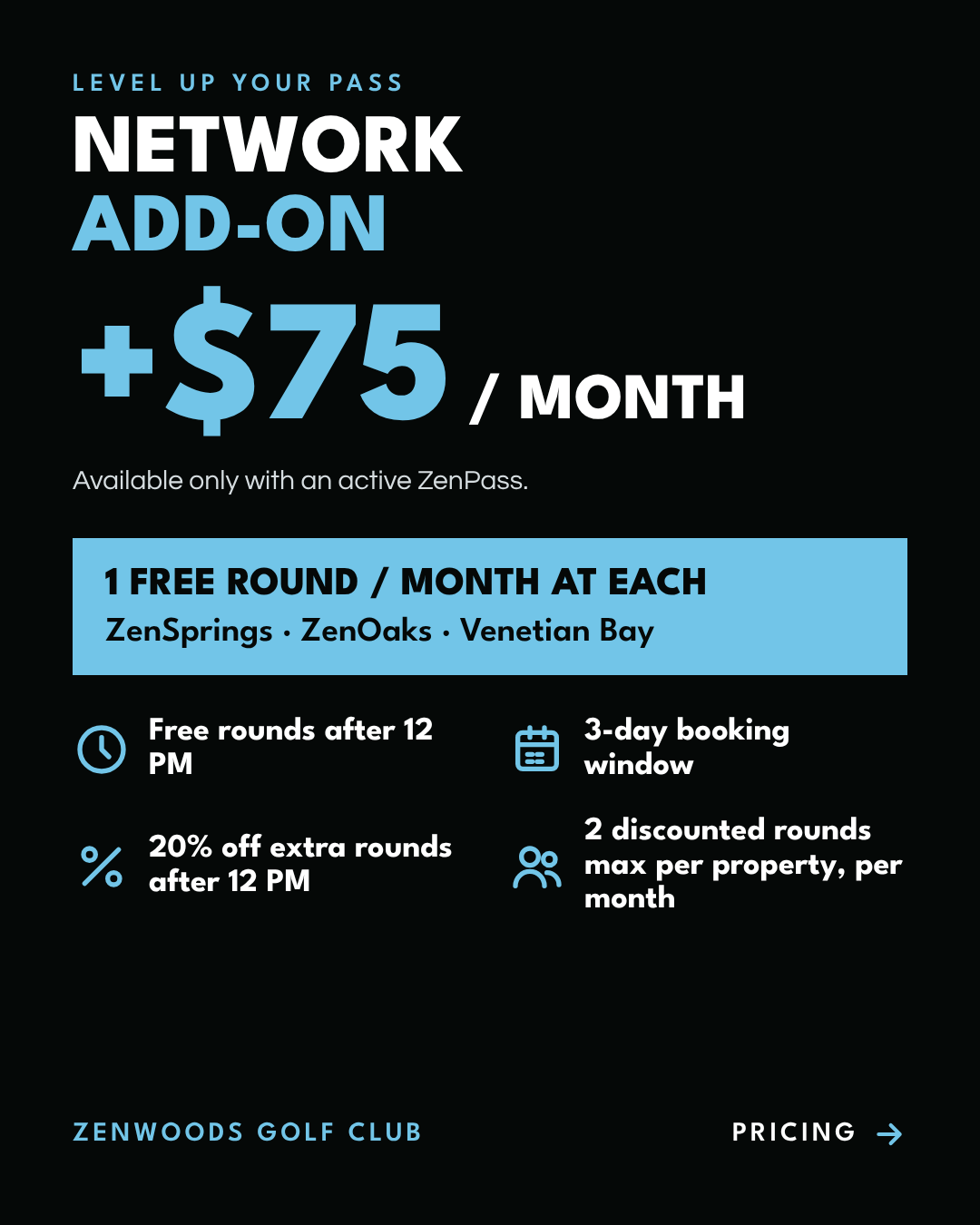 Network add-on for $75 more per month with an active ZenPass. Includes ZenSprings, ZenOaks and Venetian Bay. Full network details below.